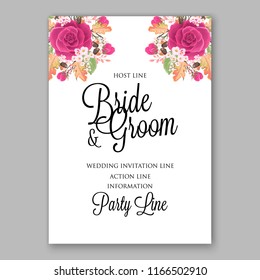 Marsala Rose wedding invitation Garden rose peony ranunculus fall leaves autumn floral vector background