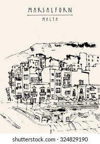 Marsalforn, Gozo island, Malta. Black and white artistic hand drawn vintage postcard in vector
