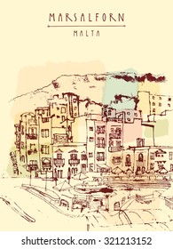 Marsalforn, Gozo island, Malta. Hand drawn vintage postcard in vector