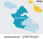 Marsaskala Malta Map and Flag - Wied il-Għajn Coastal Town, St Anne Parish and Tourist Resort Vector Outline.