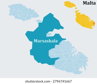 Marsaskala Malta Map and Flag - Wied il-Għajn Coastal Town, St Anne Parish and Tourist Resort Vector Outline.