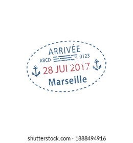 Marseille airport arrival visa stamp isolated. Vector travel to France, date of arrival