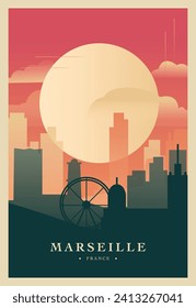 Afiche de brutalismo de la ciudad de Marsella con horizonte abstracto, cityscape retro ilustración vectorial. Portada de viajes de Francia, folleto, folleto, folleto, imagen de la plantilla de presentación de negocios