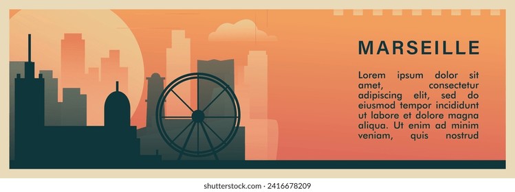 Marseille city brutalism vector banner with skyline, cityscape. France, riviera town retro horizontal illustration, travel layout for web presentation, header, footer