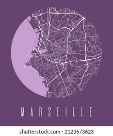Marseille city map circle poster. Round circular road aerial view, street map vector illustration. Cityscape area panorama with water.