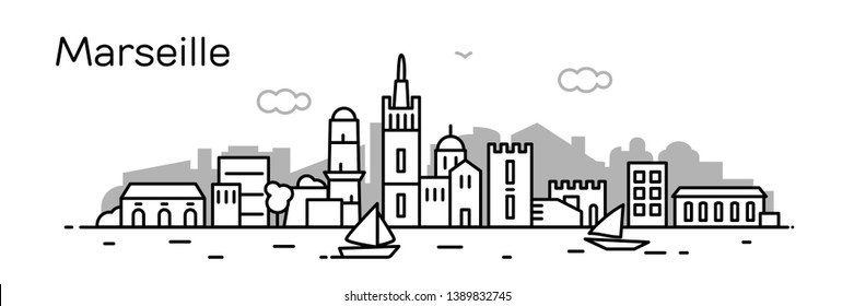 Marseille city. Modern flat line style. Vector illustration. Concept for presentation, banner, cards, web page
