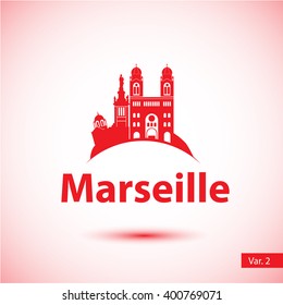 Marseille City skyline silhouette. Vector illustration. Simple flat concept for tourism presentation, banner, placard or web site. Business travel concept. Cityscape with landmarks