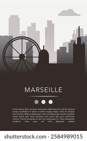 Marseille city template for website, presentation, front page, invitation, publication sheet with skyline, landmarks. Vector France image layout, simple and grayscale