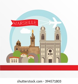 Marseille detailed silhouette. Trendy vector illustration, flat style. Stylish colorful  landmarks. The concept for a web banner. Notre-Dame de la Garde and  - The symbol of MArseille, France