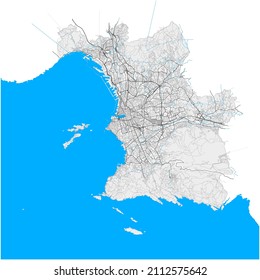 Marseille, Bouches-du-Rhône, France high resolution vector map with city boundaries and editable paths. White outlines for main roads. Many detailed paths. Blue shapes and lines for water.