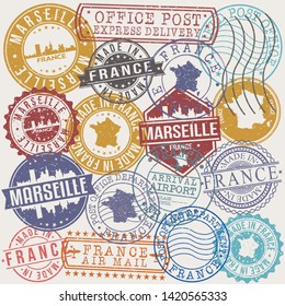 Marseille France Set of Stamps. Travel Stamp. Made In Product. Design Seals Old Style Insignia.