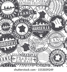 Marseille France Stamps Background. City Stamp Vector Art. Postal Passport Travel. Design Set Pattern.