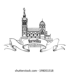 Marseille landmark. City famousbuilding vector symbol. Travel France label.