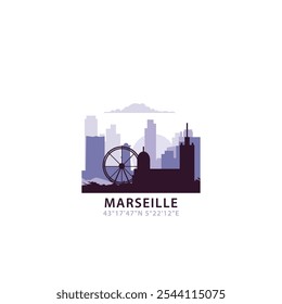 Marseille logo with skyline, cityscape retro vector icon. France city horizon, facade, travel logotype