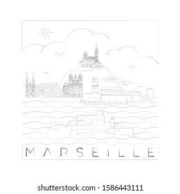 Marseille minimal skyline linear vector illustration and typography design, France 