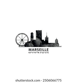 Marseille panorama, vector badge, skyline logo and icon. France city horizon logotype with landmarks and building silhouettes. Isolated foggy abstract gradient graphic