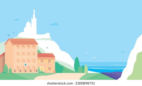 Ilustración vectorial de Marsella Provenza, cielo azul, mar Mediterráneo turquesa y campo de lavanda morado, visitando el sur de Francia para sus vacaciones