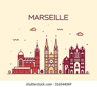 Marseille skyline, detailed silhouette. Trendy vector illustration, linear style