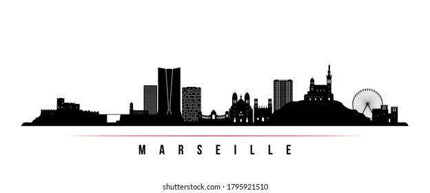 Marseille skyline horizontal banner. Black and white silhouette of Marseille City, France. Vector template for your design. 