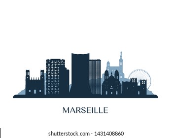 Marseille skyline, monochrome silhouette. Vector illustration.