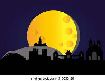 Marseille skyline at night with the moon