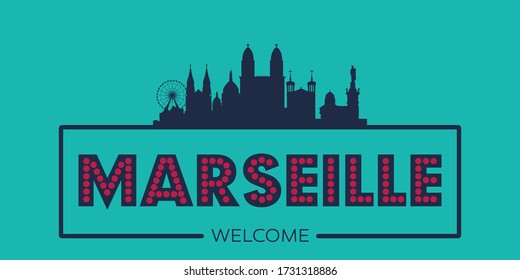 Marseille skyline silhouette flat design typographic vector illustration.