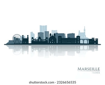 Silueta de línea de marsella con reflexión. Paisaje Marsella, Francia. Ilustración vectorial.