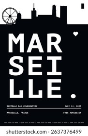 Marseille typography minimalist vector poster for national event, public holiday, independence day, festival layout. Brochure, leaflet, flyer, presentation image template for France city