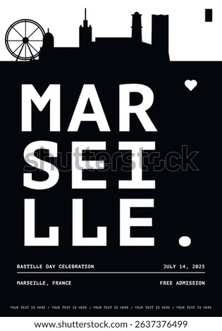 Marseille typography minimalist vector poster for national event, public holiday, independence day, festival layout. Brochure, leaflet, flyer, presentation image template for France city