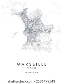 Mapa del Vector de Marsella. Mapa detallado de Marsella en Francia. La mejor Ilustración vectorial gratis. Mapa de la calle decorativa turística.