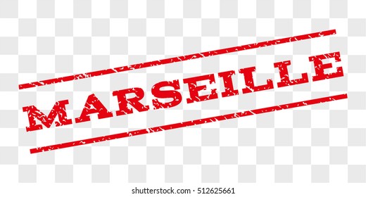 Marseille watermark stamp. Text caption between parallel lines with grunge design style. Rubber seal stamp with dirty texture. Vector red color ink imprint on a chess transparent background.