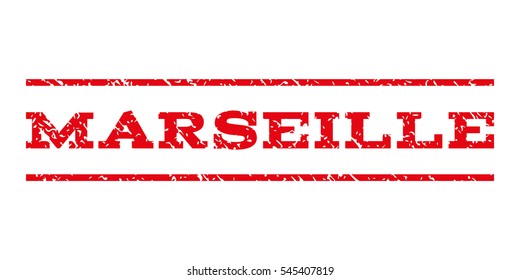 Marseille watermark stamp. Text caption between horizontal parallel lines with grunge design style. Rubber seal stamp with dirty texture. Vector intensive red color ink imprint on a white background.