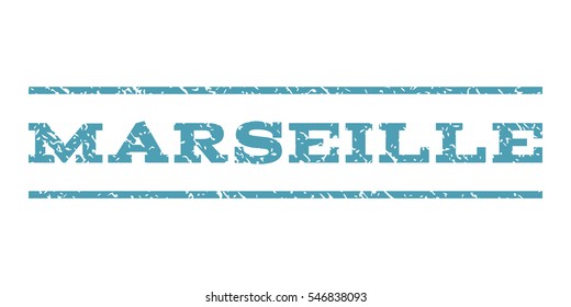 Marseille watermark stamp. Text caption between horizontal parallel lines with grunge design style. Rubber seal stamp with dust texture. Vector cyan color ink imprint on a white background.