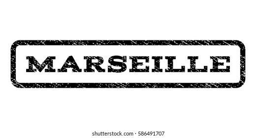 Marseille watermark stamp. Text caption inside rounded rectangle with grunge design style. Rubber seal stamp with scratched texture. Vector black ink imprint on a white background.