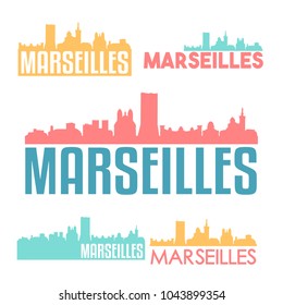 Marseilles France Flat Icon Skyline Vector Silhouette Design Set