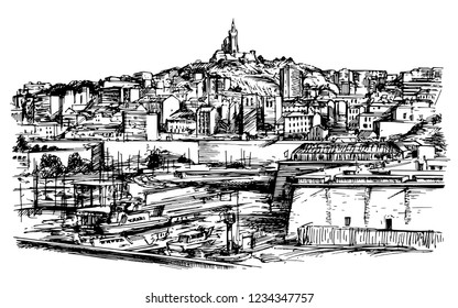 Marseilles, France. Hand drawn illustration.