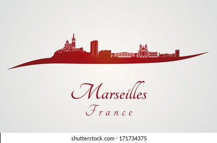 Marseilles skyline in red and gray background in editable vector file