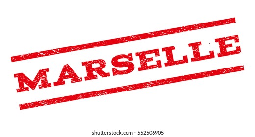 Marselle watermark stamp. Text caption between parallel lines with grunge design style. Rubber seal stamp with dust texture. Vector red color ink imprint on a white background.