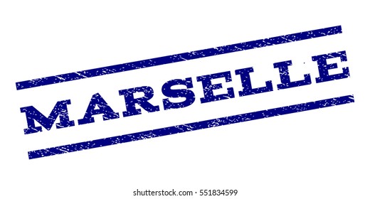 Marselle watermark stamp. Text tag between parallel lines with grunge design style. Rubber seal stamp with scratched texture. Vector navy blue color ink imprint on a white background.