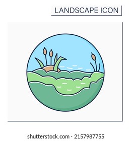 Marsh color icon.Waterlogged land. Low-lying land flooded in wet seasons. Swamp. Landscape concept.Isolated vector illustration