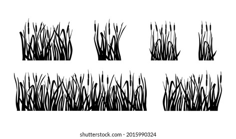 Marsh grass and reeds set. Silhouette of cattail isolated on white background. Vector illustration.