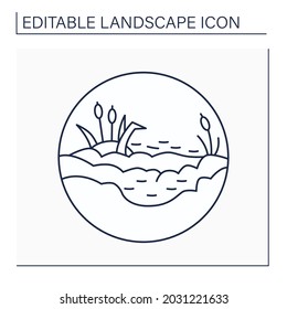 Marsh line icon.Waterlogged land. Low-lying land flooded in wet seasons. Swamp. Landscape concept.Isolated vector illustration. Editable stroke