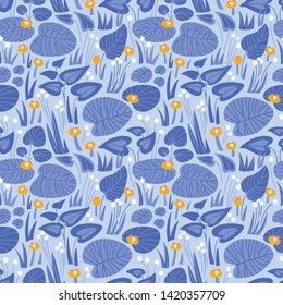 Marsh plants and flowers. Seamless pattern in hand-drawn style. Vector fabric design in blue colors.