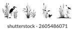 Marsh plants thickets - grass, reed, cane, cattail, sedge and other swamp plants with a heron bird, standing and flying ducks. Monochrome silhouette landscape drawings set isolated on white background