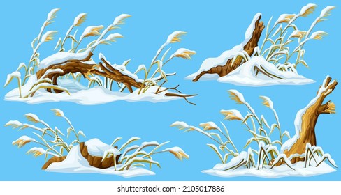 Marsh reed, stump, grass under snow. Swamp cattails winter. Broken tree, weed and snowdrifts. Vector bulrush, trunk for computer games isolated on blue background.