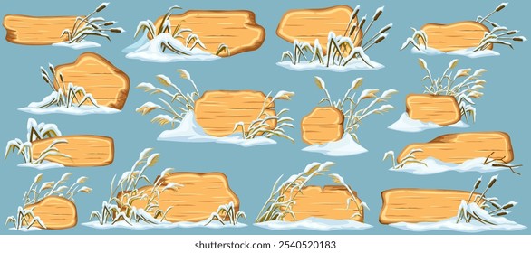 Marsh reed under snow. Swamp cattails winter. Broken weed and snowdrifts. Set isolated wooden cartoon game panels, boards for covers, banners, notebooks, games. Vector signboards in the snowdrifts.