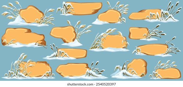 Marsh reed under snow. Swamp cattails winter. Broken weed and snowdrifts. Set isolated wooden cartoon game panels, boards for covers, banners, notebooks, games. Vector signboards in the snowdrifts.