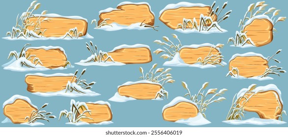 Marsh reed under snow. Swamp cattails winter. Broken weed and snowdrifts. Set isolated wooden cartoon game panels, boards for covers, banners, notebooks, games. Vector signboards in the snowdrifts.