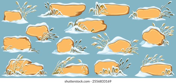 Marsh reed under snow. Swamp cattails winter. Broken weed and snowdrifts. Set isolated wooden cartoon game panels, boards for covers, banners, notebooks, games. Vector signboards in the snowdrifts.