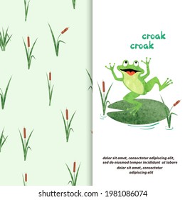 Marsh vector set. Cartoon Frog on lily pad and reeds pattern.